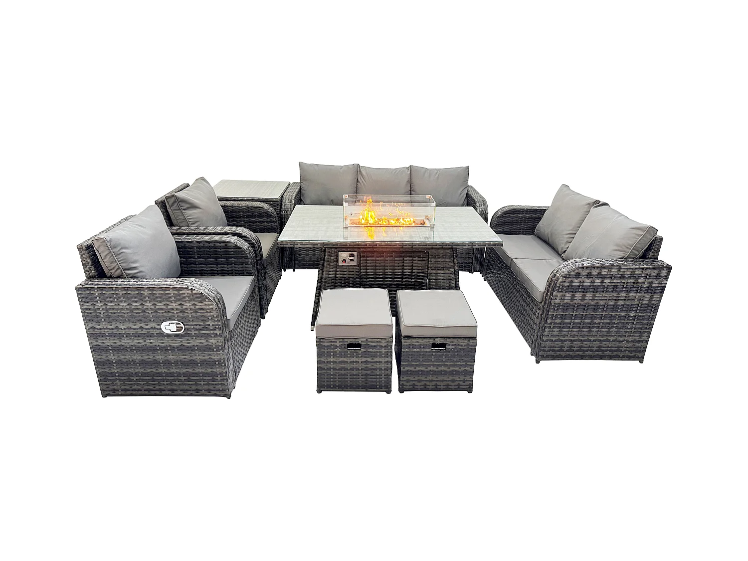 9-Sitzer Polyrattan Gartenmöbelset Gasfeuerstelle Esstisch und Sofa Sessel set mit Beistelltisch 2 kleine Fußhockern
