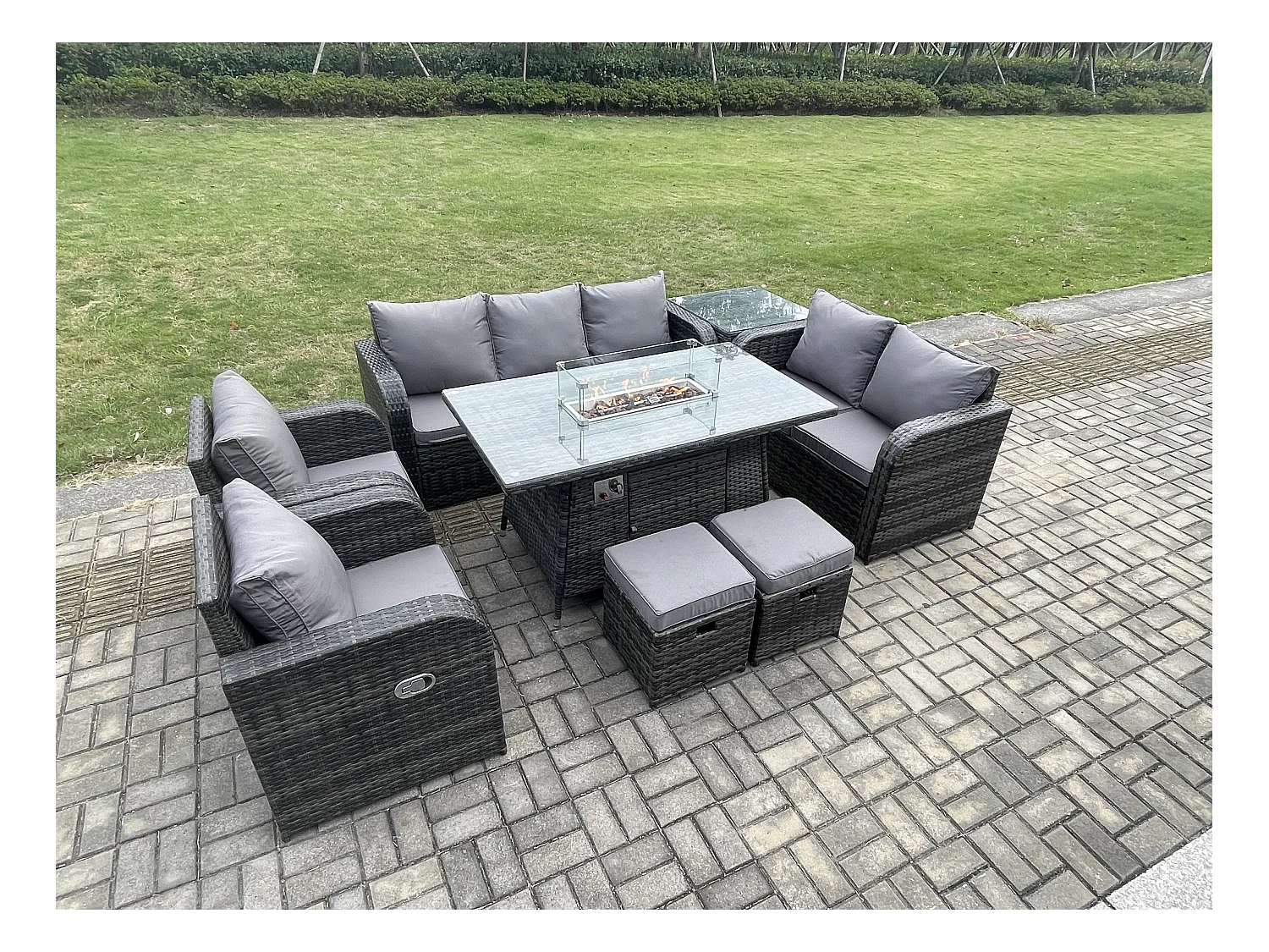 9-Sitzer Polyrattan Gartenmöbelset Gasfeuerstelle Esstisch und Sofa Sessel set mit Beistelltisch 2 kleine Fußhockern