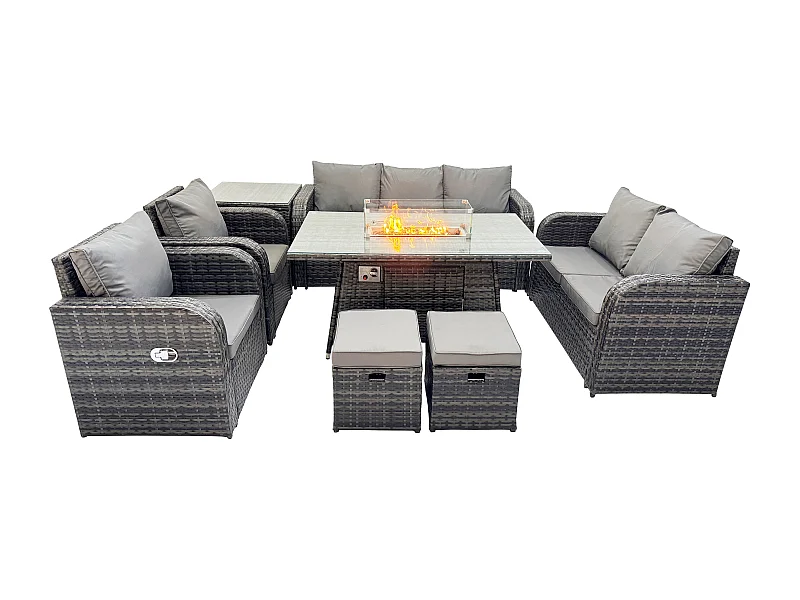 9-Sitzer Polyrattan Gartenmöbelset Gasfeuerstelle Esstisch und Sofa Sessel set mit Beistelltisch 2 kleine Fußhockern