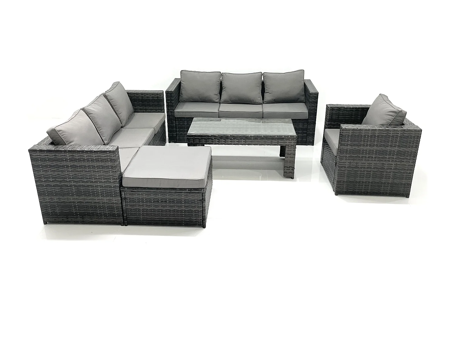 Fimous Rattan Garden Furniture Set Outdoor 8 Seater Patio Conversation Sets with Glass Top Coffee Table