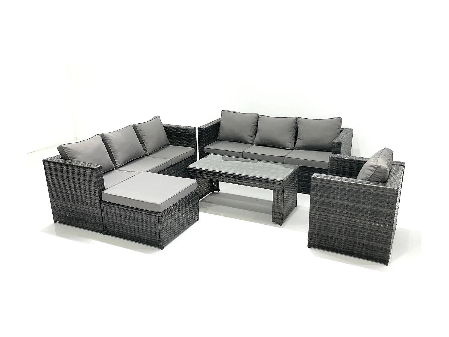 Fimous Rattan Garden Furniture Set Outdoor 8 Seater Patio Conversation Sets with Glass Top Coffee Table