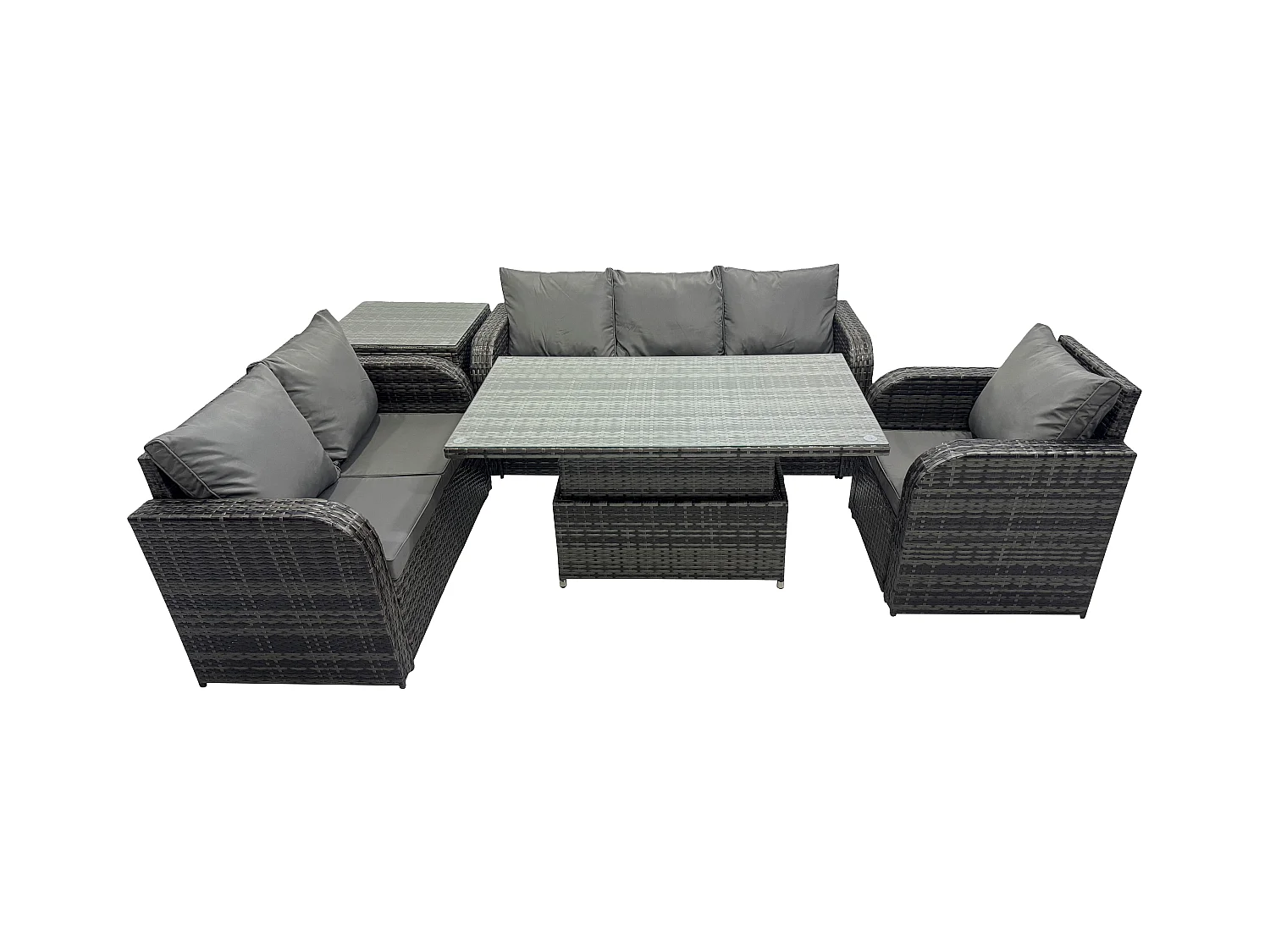 Salon de Jardin en Résine Ensemble Repas de Jardin Exterieur Table à manger réglable en hauteur Chaise inclinable Canapé avec Table d'appoint Gris foncé mixte