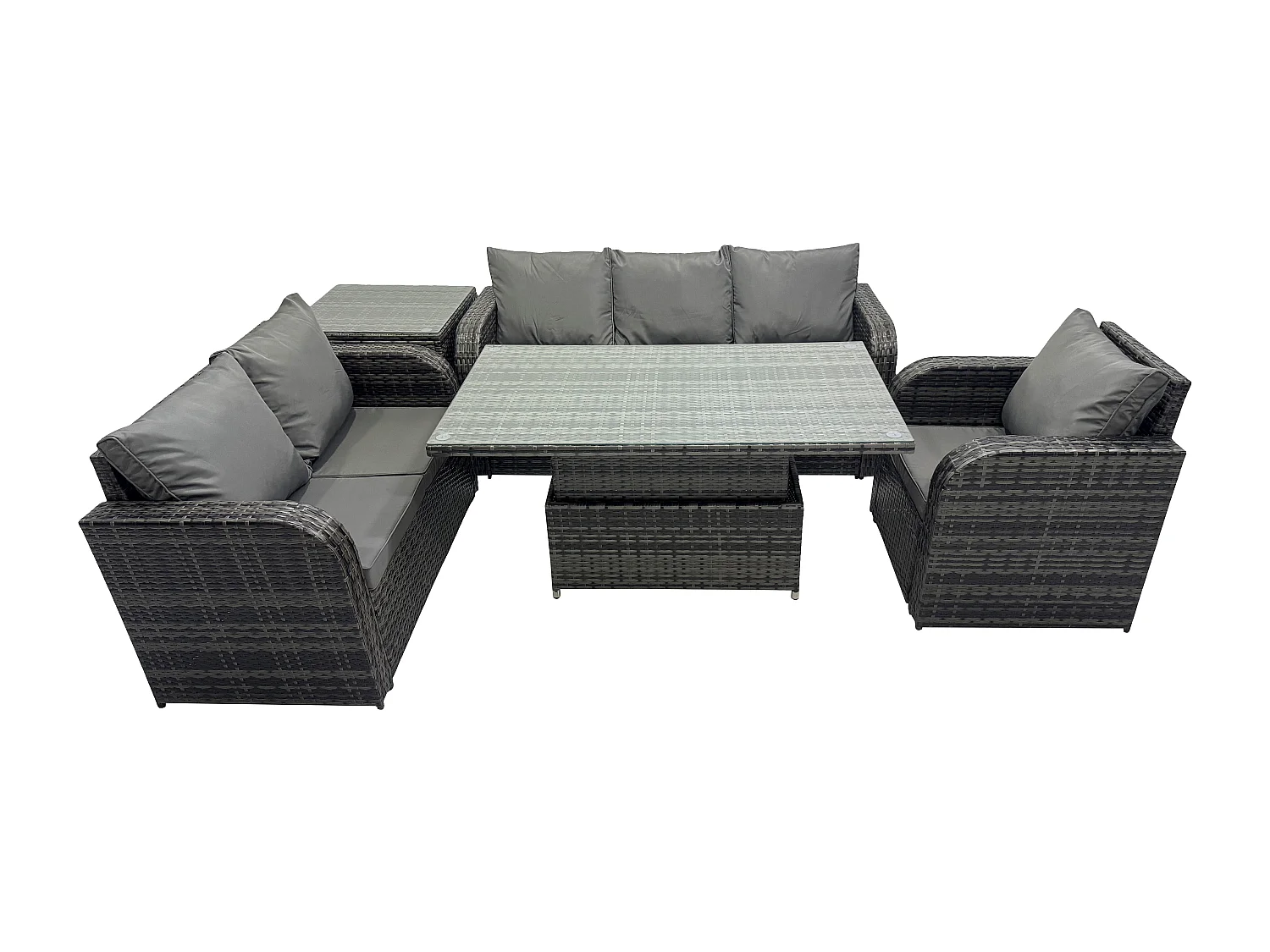 Salon de Jardin en Résine Ensemble Repas de Jardin Exterieur Table à manger réglable en hauteur Chaise inclinable Canapé avec Table d'appoint Gris foncé mixte