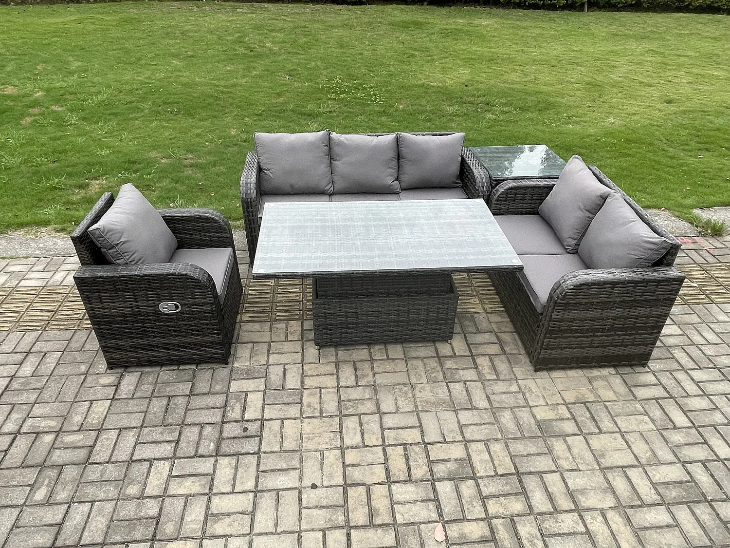 Salon de Jardin en Résine Ensemble Repas de Jardin Exterieur Table à manger réglable en hauteur Chaise inclinable Canapé avec Table d'appoint Gris foncé mixte