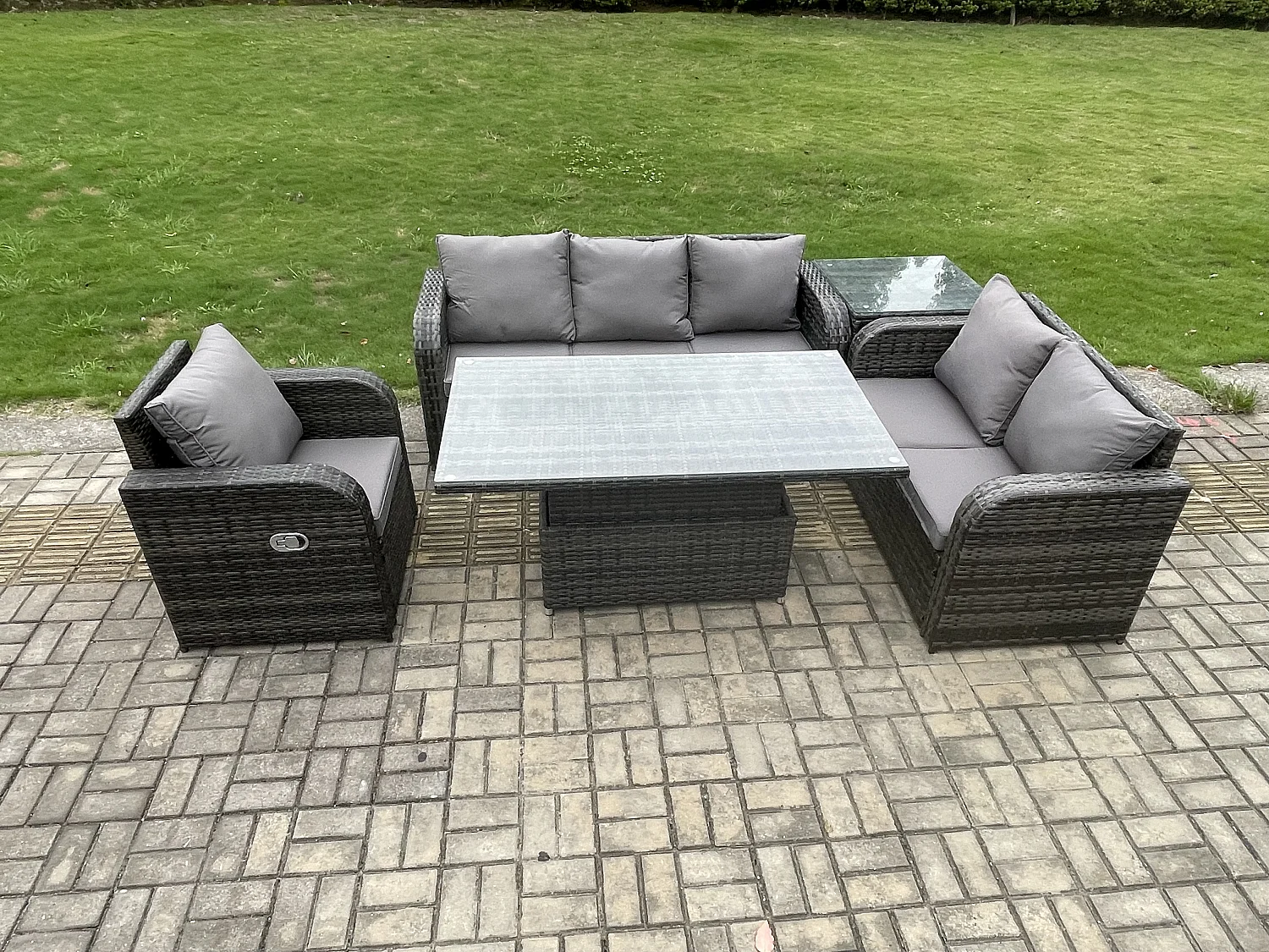 Salon de Jardin en Résine Ensemble Repas de Jardin Exterieur Table à manger réglable en hauteur Chaise inclinable Canapé avec Table d'appoint Gris foncé mixte