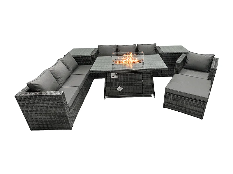 Rattan Gartenmöbel Set 8-Sitzer Garten Sofa Gas Feuertisch Set mit 2 Beistelltisch 2 Großer Hockern