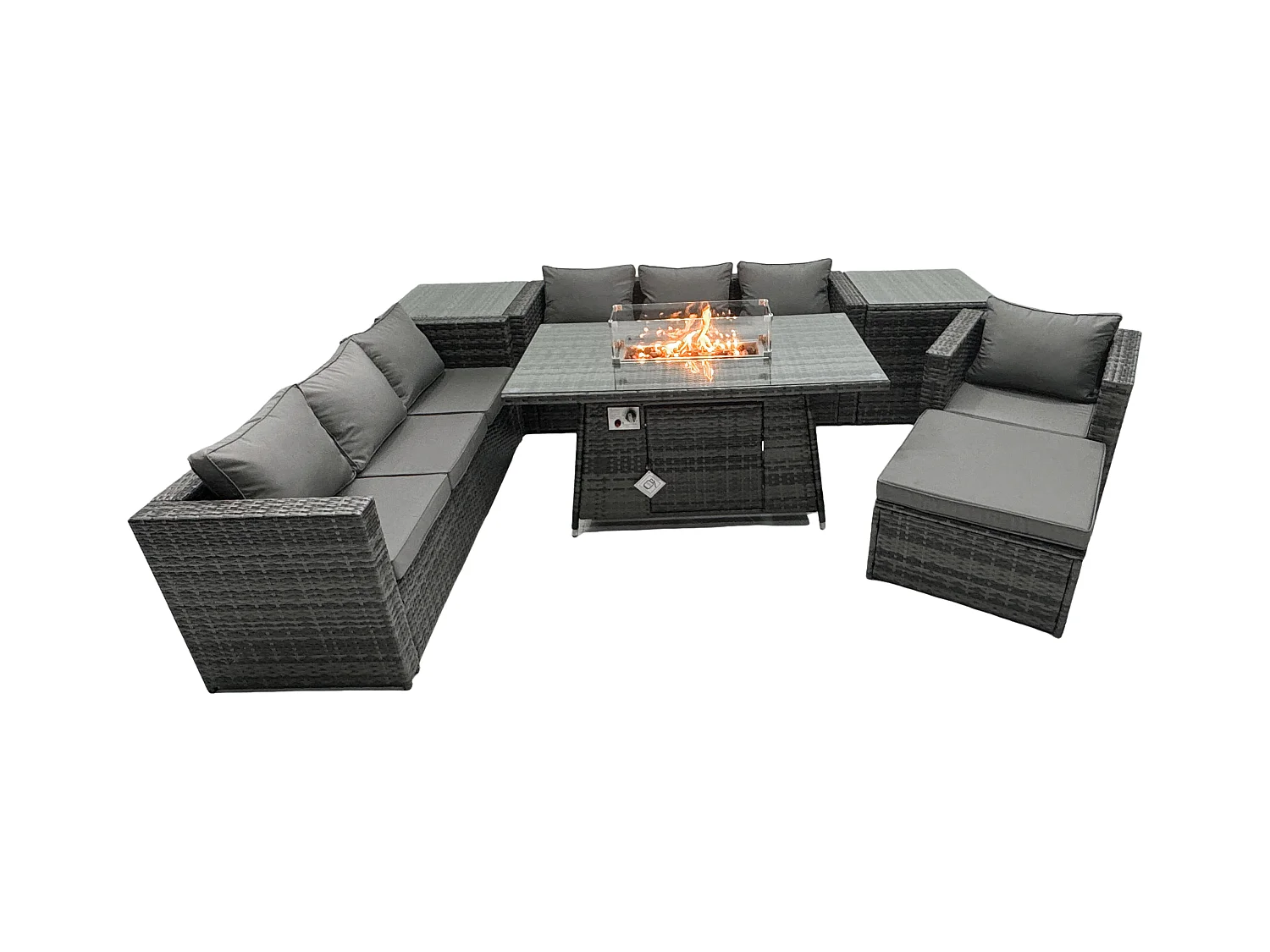 Rattan Gartenmöbel Set 8-Sitzer Garten Sofa Gas Feuertisch Set mit 2 Beistelltisch 2 Großer Hockern