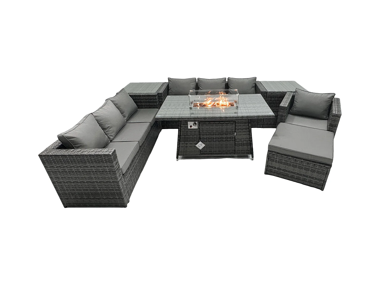 Rattan Gartenmöbel Set 8-Sitzer Garten Sofa Gas Feuertisch Set mit 2 Beistelltisch 2 Großer Hockern