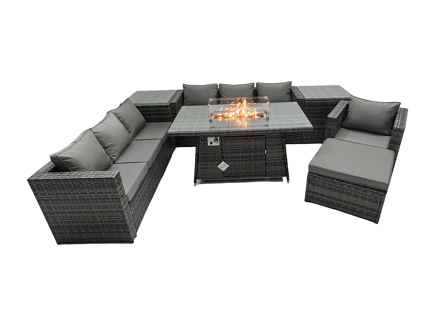 Rattan Gartenmöbel Set 8-Sitzer Garten Sofa Gas Feuertisch Set mit 2 Beistelltisch 2 Großer Hockern