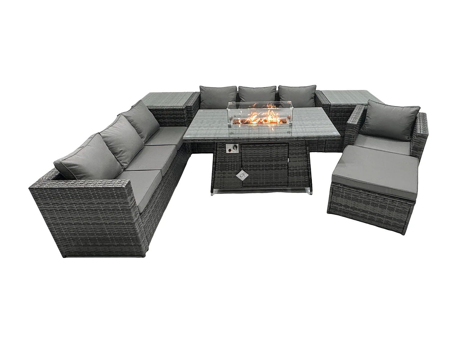 Rattan Gartenmöbel Set 8-Sitzer Garten Sofa Gas Feuertisch Set mit 2 Beistelltisch 2 Großer Hockern