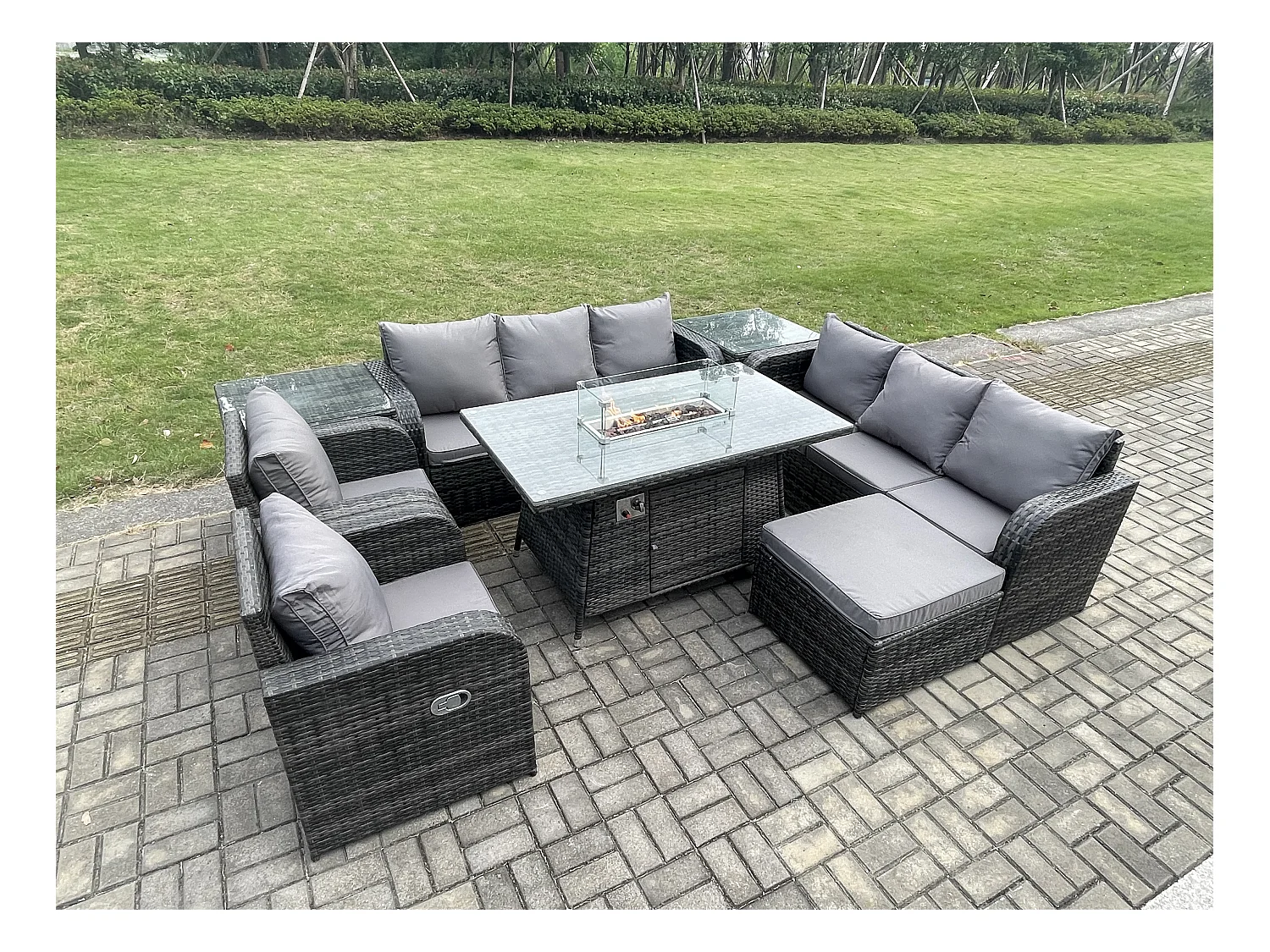 Salon de jardin Table de foyer à gaz Intérieur Extérieur avec 2 Tables d'appoint Fauteuil Canapé d'amour Grand tabouret