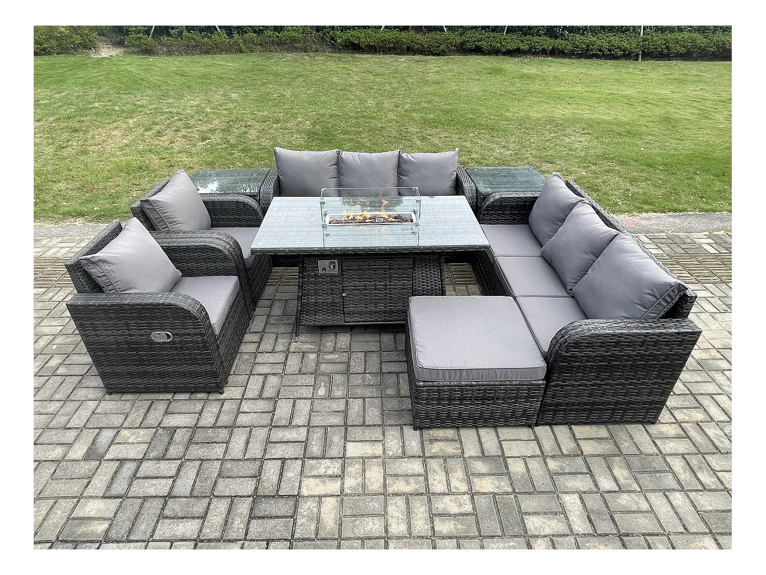 Salon de jardin Table de foyer à gaz Intérieur Extérieur avec 2 Tables d'appoint Fauteuil Canapé d'amour Grand tabouret