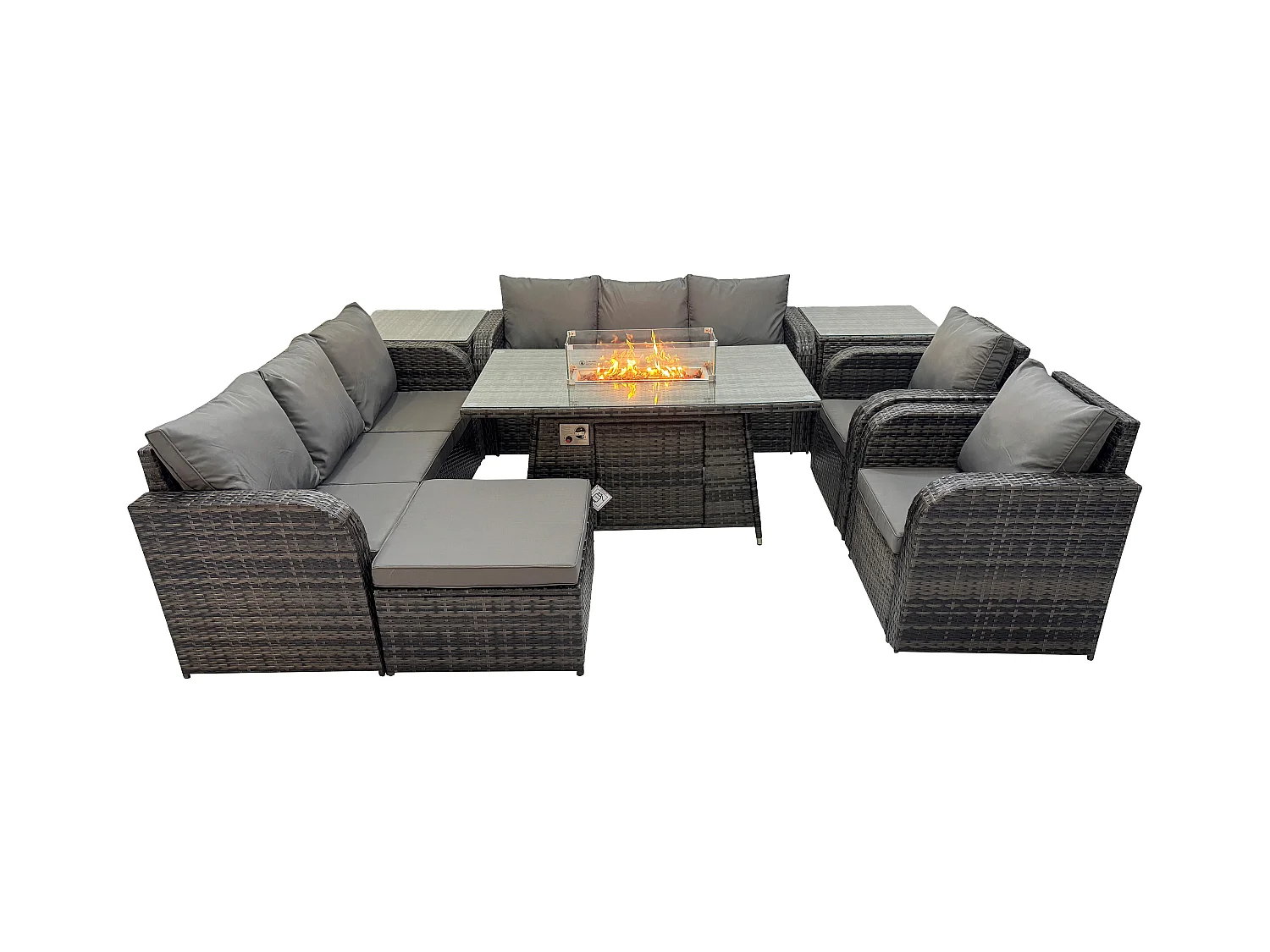 Polyrattan Gartenmöbel Set Gas Feuerstelle Esstisch mit 2 Beistelltischen Sessel Loveseat Sofa 2 Großer Hockern