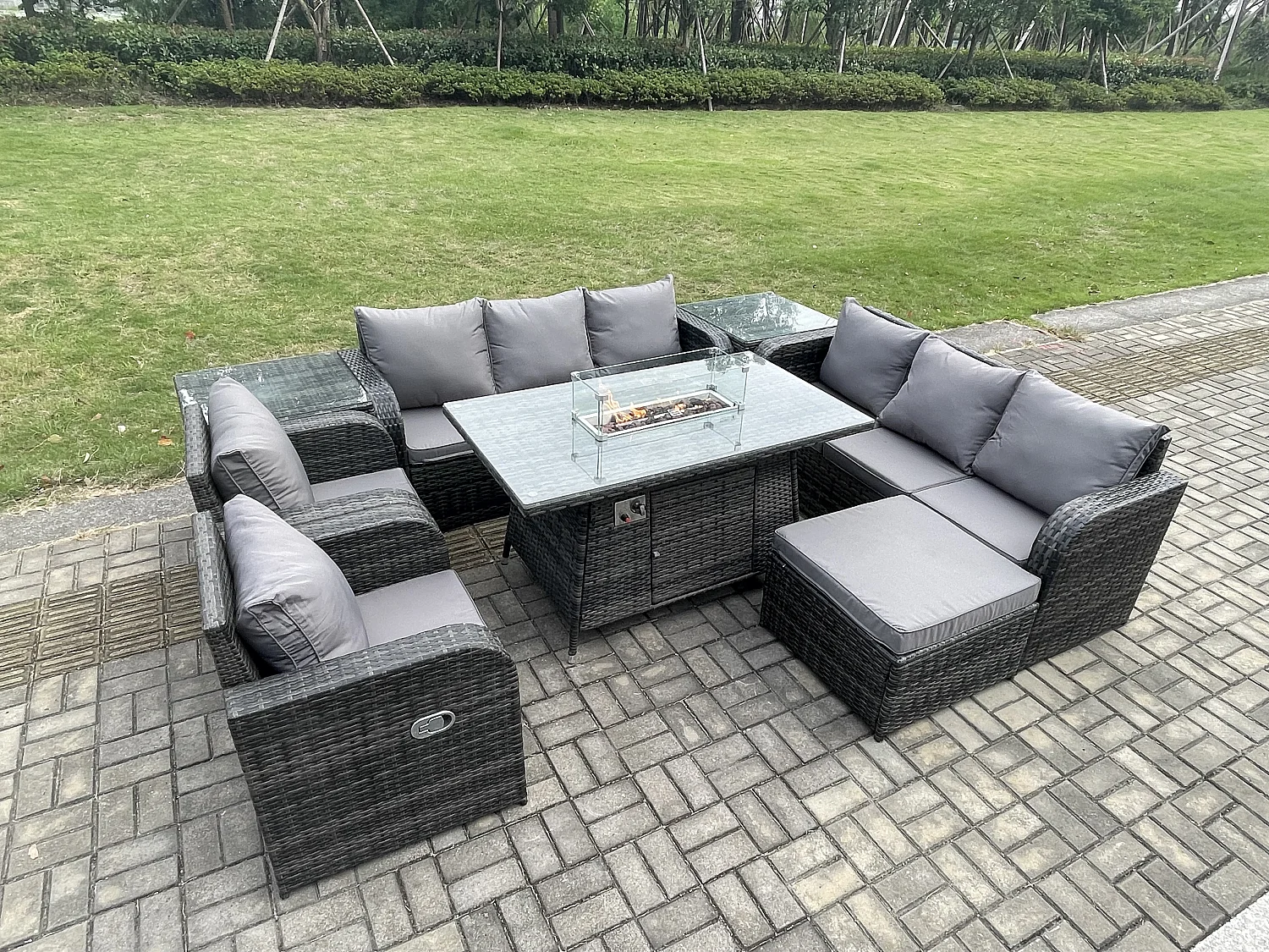 Salon de jardin Table de foyer à gaz Intérieur Extérieur avec 2 Tables d'appoint Fauteuil Canapé d'amour Grand tabouret