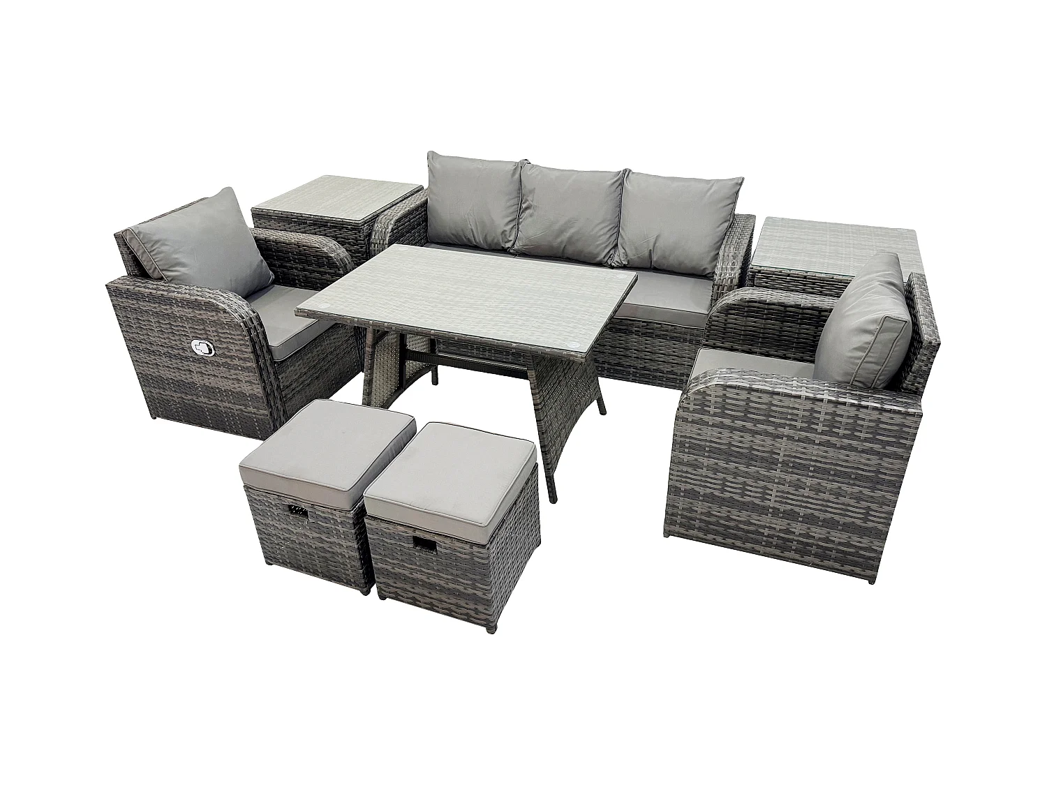 Ensemble de meubles de jardin en polyrotin 8 Pièces avec Table à manger rectangulaire 2 Petits tabourets 2 Tables d'appoint