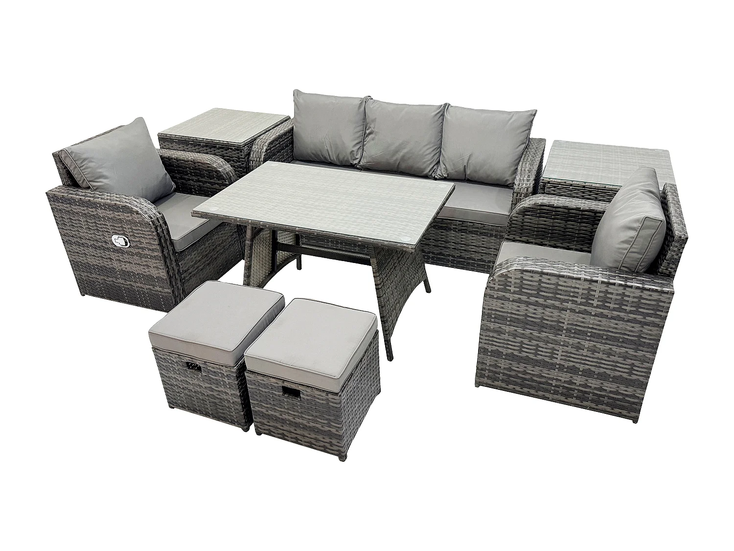 Ensemble de meubles de jardin en polyrotin 8 Pièces avec Table à manger rectangulaire 2 Petits tabourets 2 Tables d'appoint