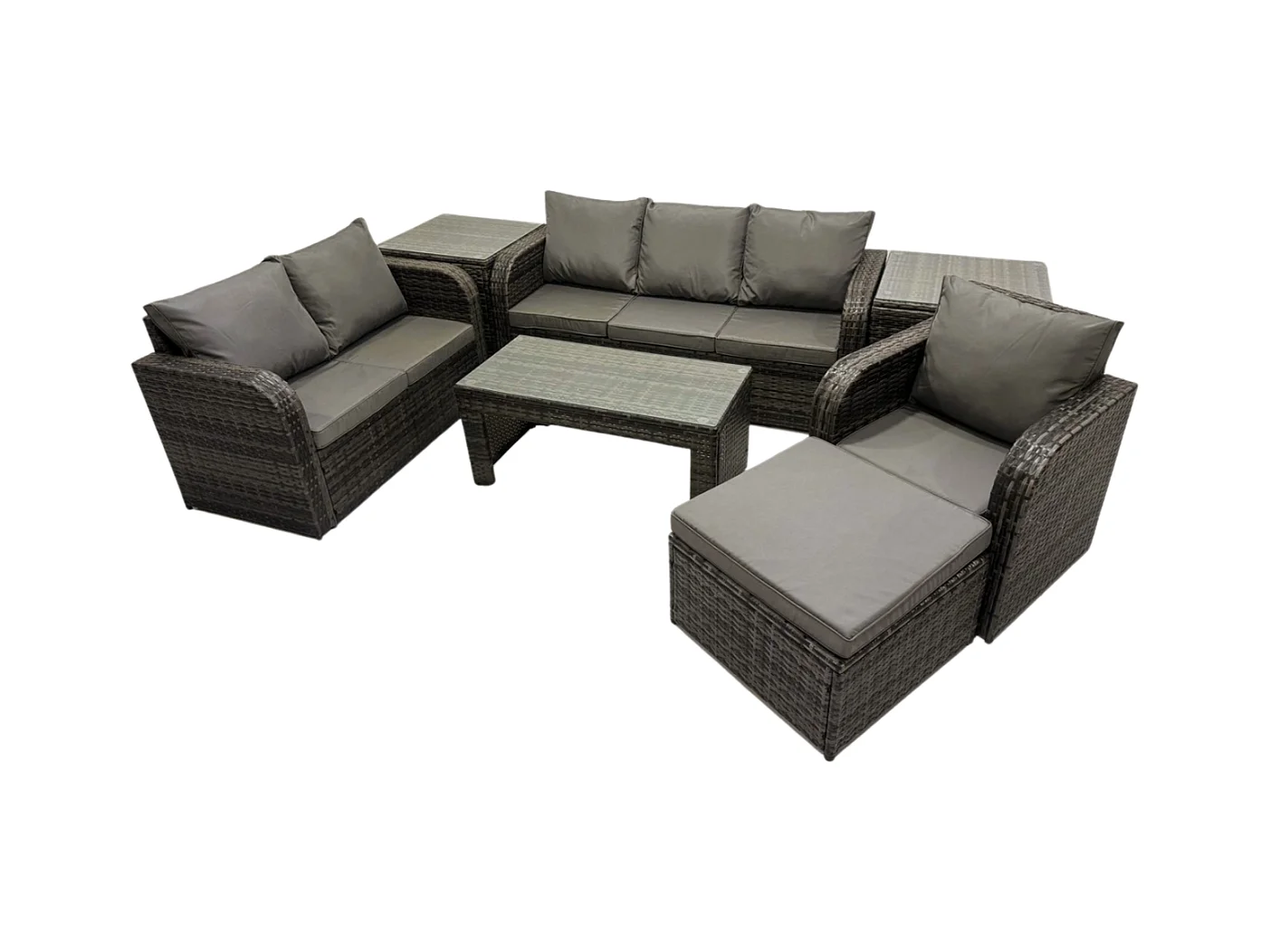 7-Sitzer Hoher Rücken Polyrattan Gartenmöbel Set mit Loveseat Sofa Rechteckiger Couchtisch 2 Beistelltischen Garten Lounge Set Dunkelgrau Gemischt