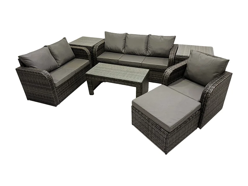7-Sitzer Hoher Rücken Polyrattan Gartenmöbel Set mit Loveseat Sofa Rechteckiger Couchtisch 2 Beistelltischen Garten Lounge Set Dunkelgrau Gemischt