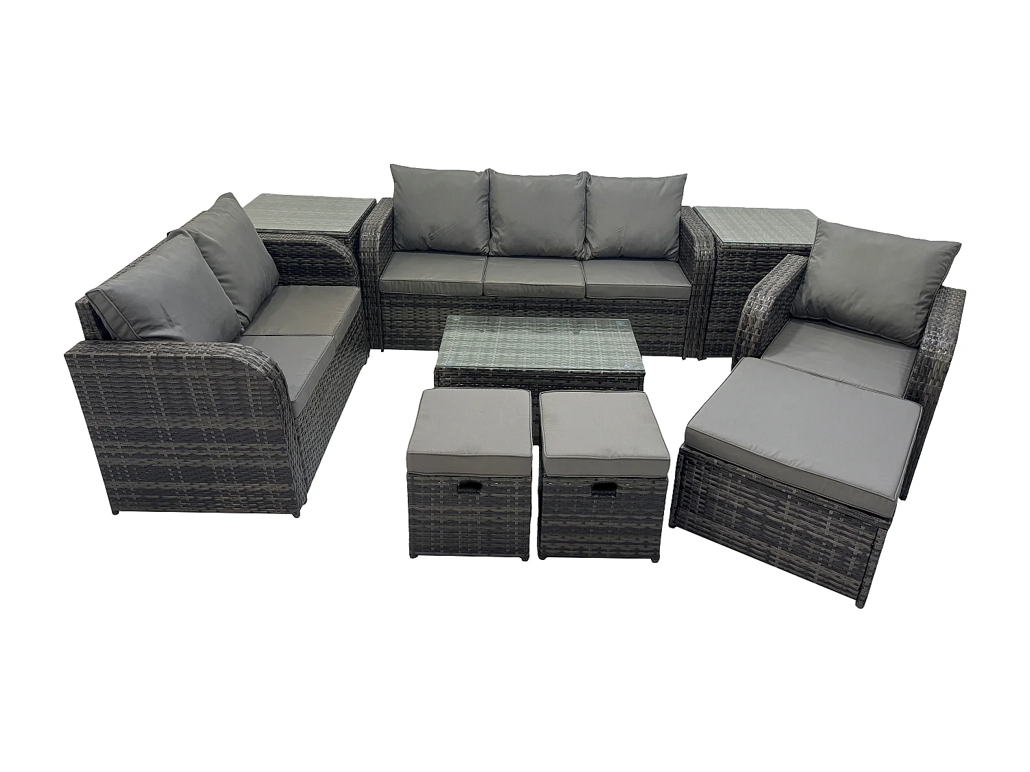 Gartenmöbel-Sets 9 Stücke Polyrattan Möbel Sofa Sets mit Rechteckiger Couchtisch Loveseat Sofa 3 Hockern 2 Beistelltischen