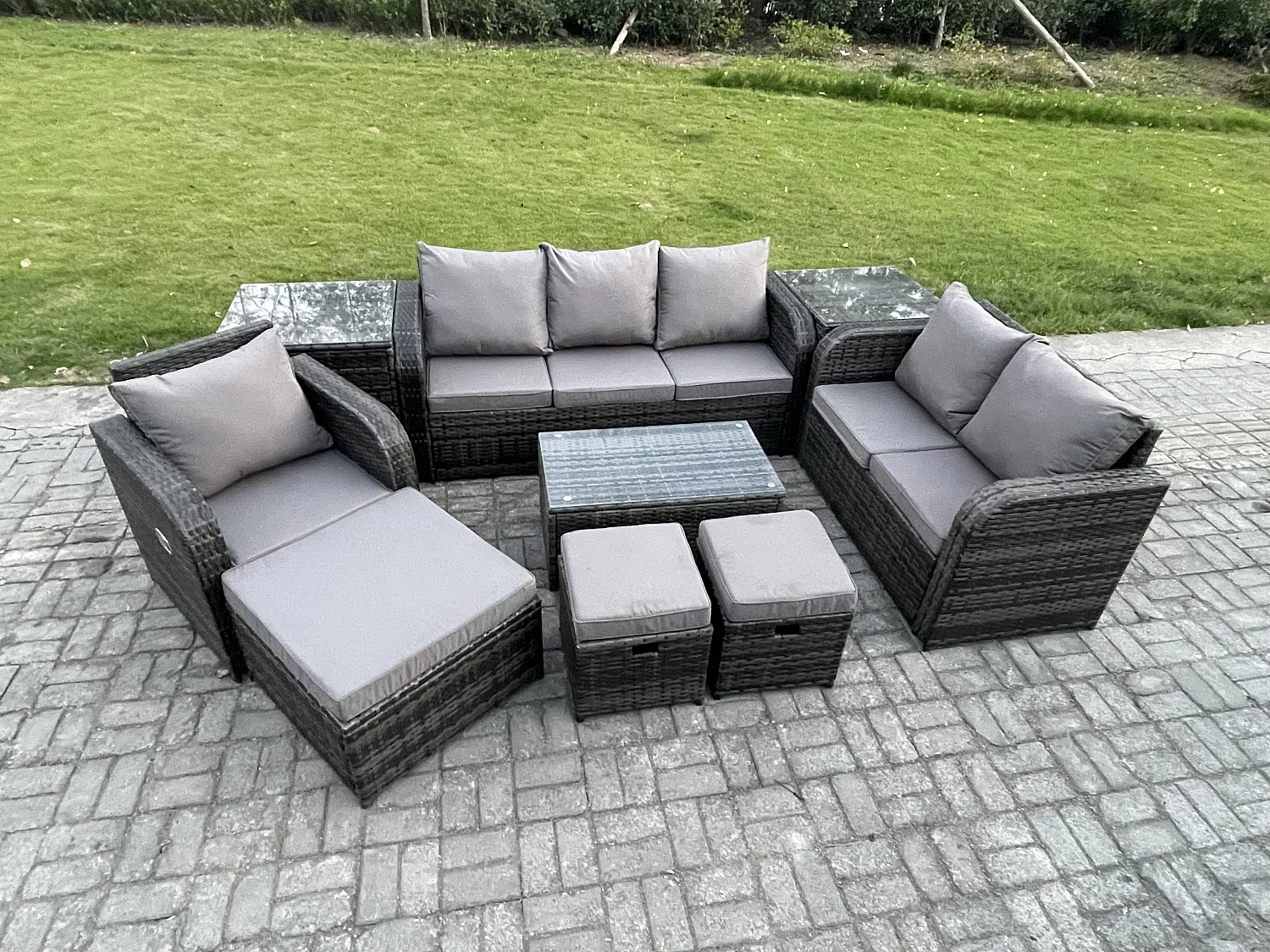 Gartenmöbel-Sets 9 Stücke Polyrattan Möbel Sofa Sets mit Rechteckiger Couchtisch Loveseat Sofa 3 Hockern 2 Beistelltischen