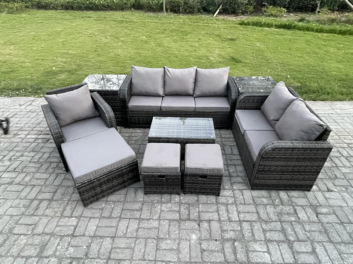 Gartenmöbel-Sets 9 Stücke Polyrattan Möbel Sofa Sets mit Rechteckiger Couchtisch Loveseat Sofa 3 Hockern 2 Beistelltischen