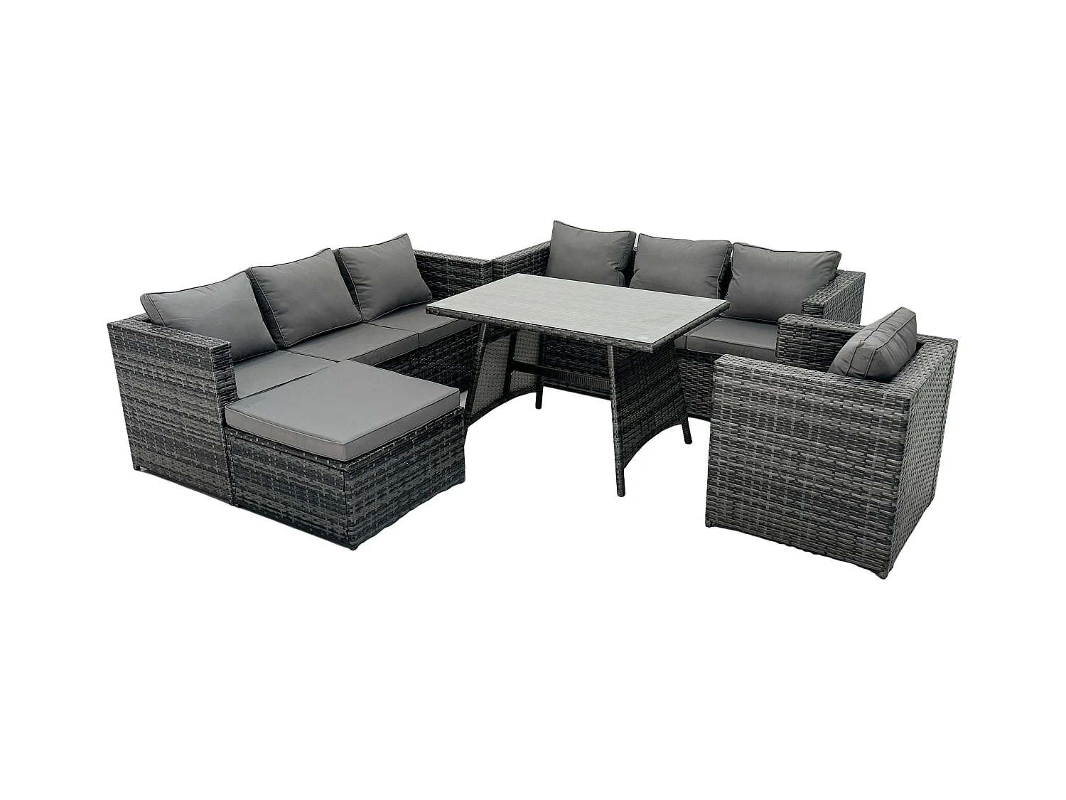 8-Sitzer Rattan Sofa Loung Set mit Esstisch Lehnstuhl und 2 Großer Hockern