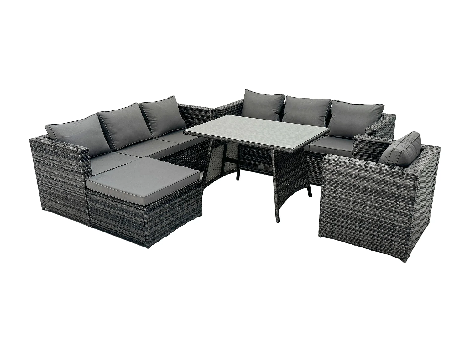 8 places Salon de Jardin Extérieur en Résine avec Table à manger Arm Fauteuil et Grand tabouret Gris foncé mixte