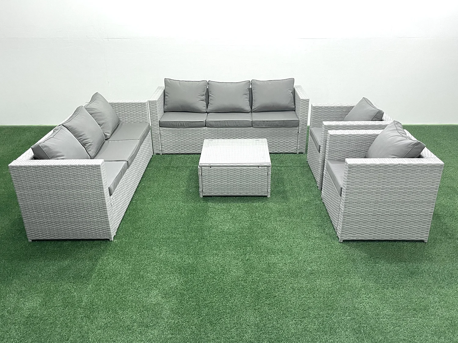 Rattan Sofa Gartenmöbel Set mit 2 Sesseln Quadratischer Couchtisch Hellgrau gemischt