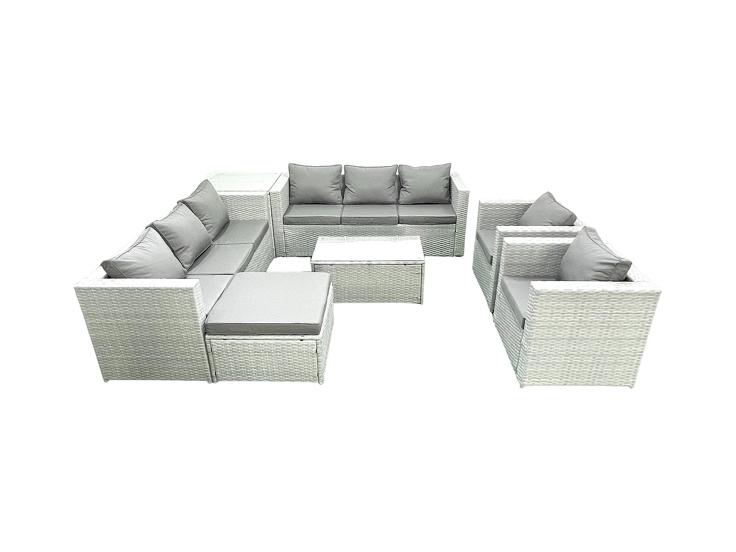 Rattan Sofa Gartenmöbel Set mit 2 Sesseln Rechteckiger Couchtisch 2 Großer Hockern Beistelltisch Hellgrau gemischt