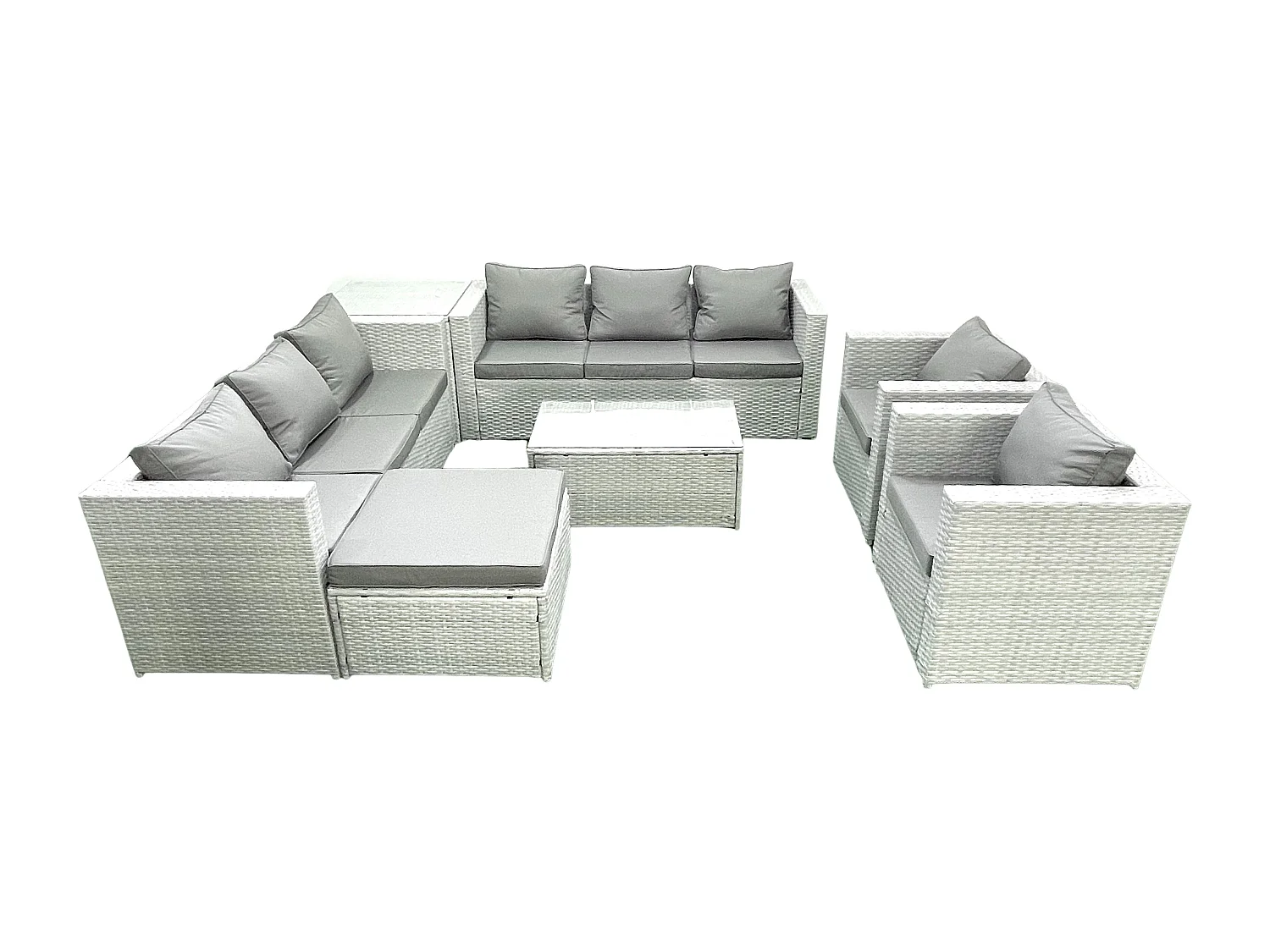 Salon de Jardin en rotin avec 2 Fauteuil Table basse oblongue Grand tabouret Table d'appoint Gris clair mixte