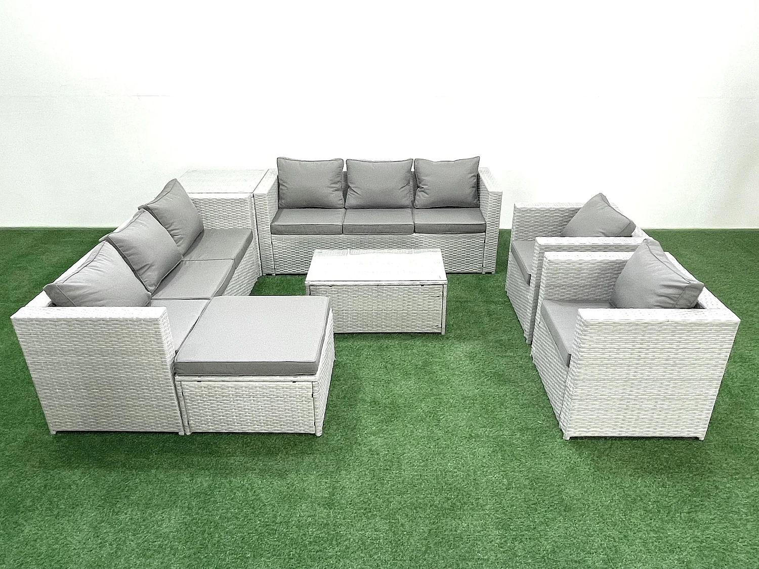 Salon de Jardin en rotin avec 2 Fauteuil Table basse oblongue Grand tabouret Table d'appoint Gris clair mixte