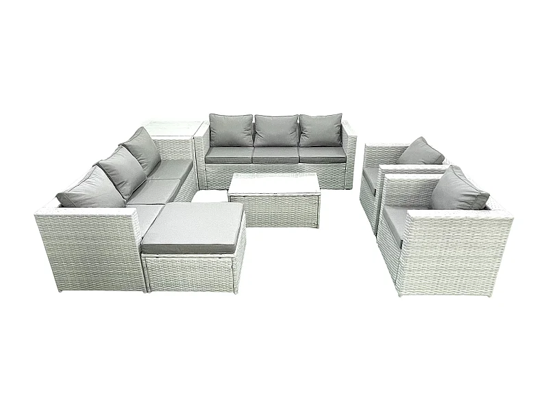 Salon de Jardin en rotin avec 2 Fauteuil Table basse oblongue Grand tabouret Table d'appoint Gris clair mixte