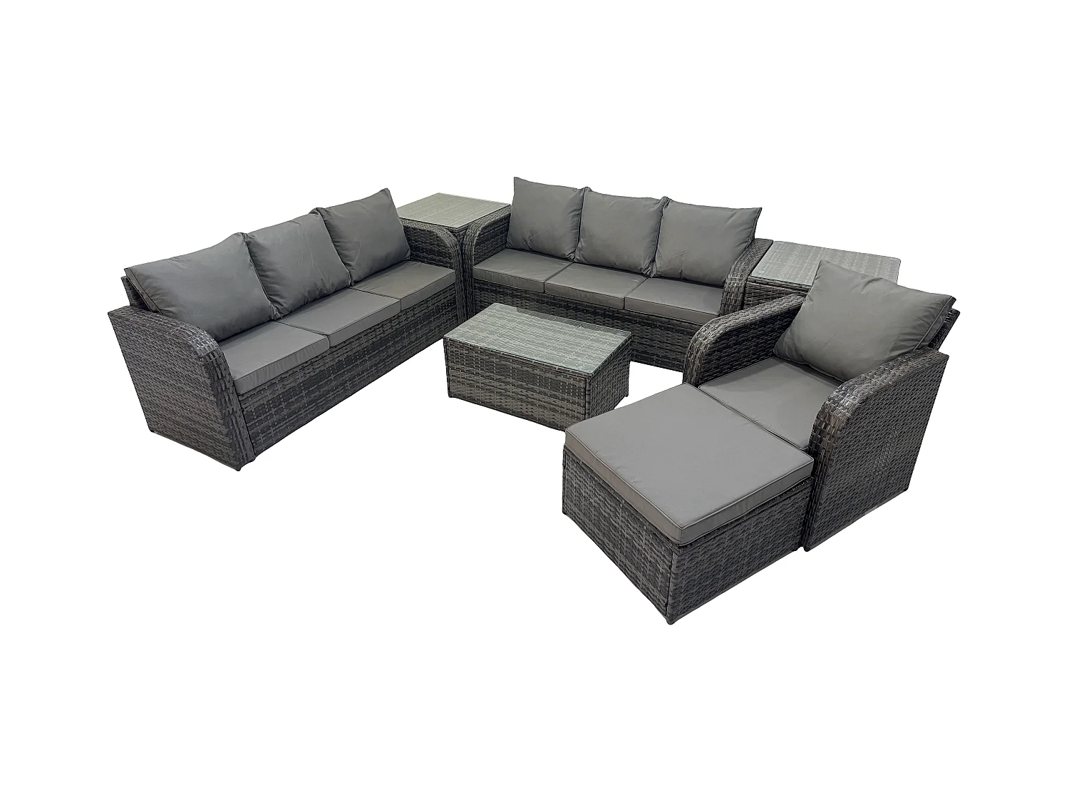 8-Sitzer Rattan Gartenmöbel Sofa Set Tisch & Stühle Set mit 3-Sitzer Sofa Liegestühle 3-Sitzer Sofa 2 Beistelltischen 2 Großer Hockern Dunkelgrau Gemischt