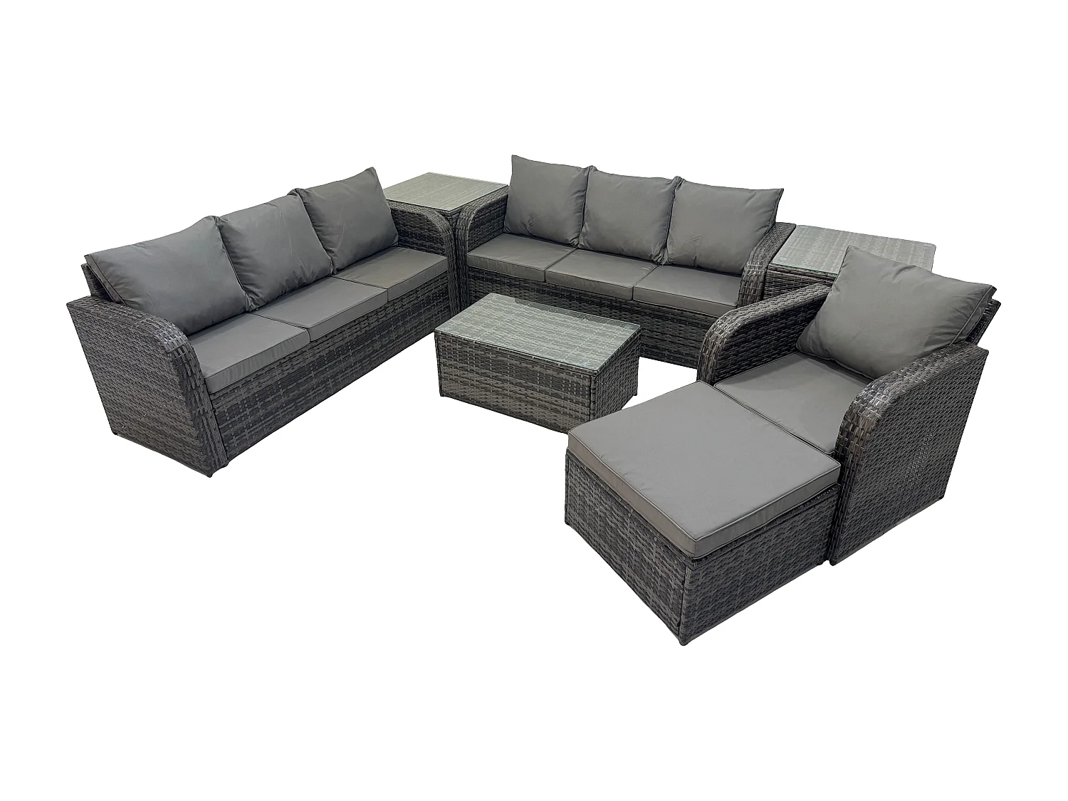 8-Sitzer Rattan Gartenmöbel Sofa Set Tisch & Stühle Set mit 3-Sitzer Sofa Liegestühle 3-Sitzer Sofa 2 Beistelltischen 2 Großer Hockern Dunkelgrau Gemischt