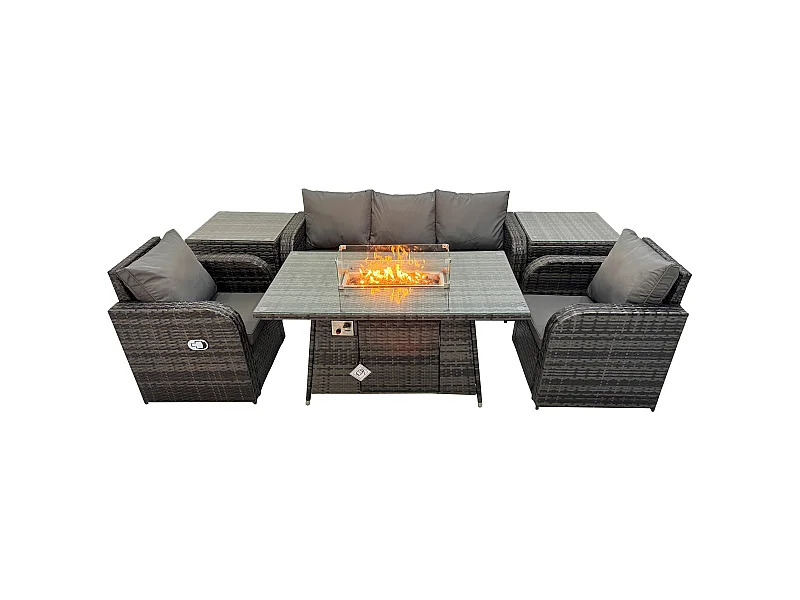 Polyrattan Gartenmöbelset Gasfeuerstelle Esstisch mit Sofa 2 Beistelltischen