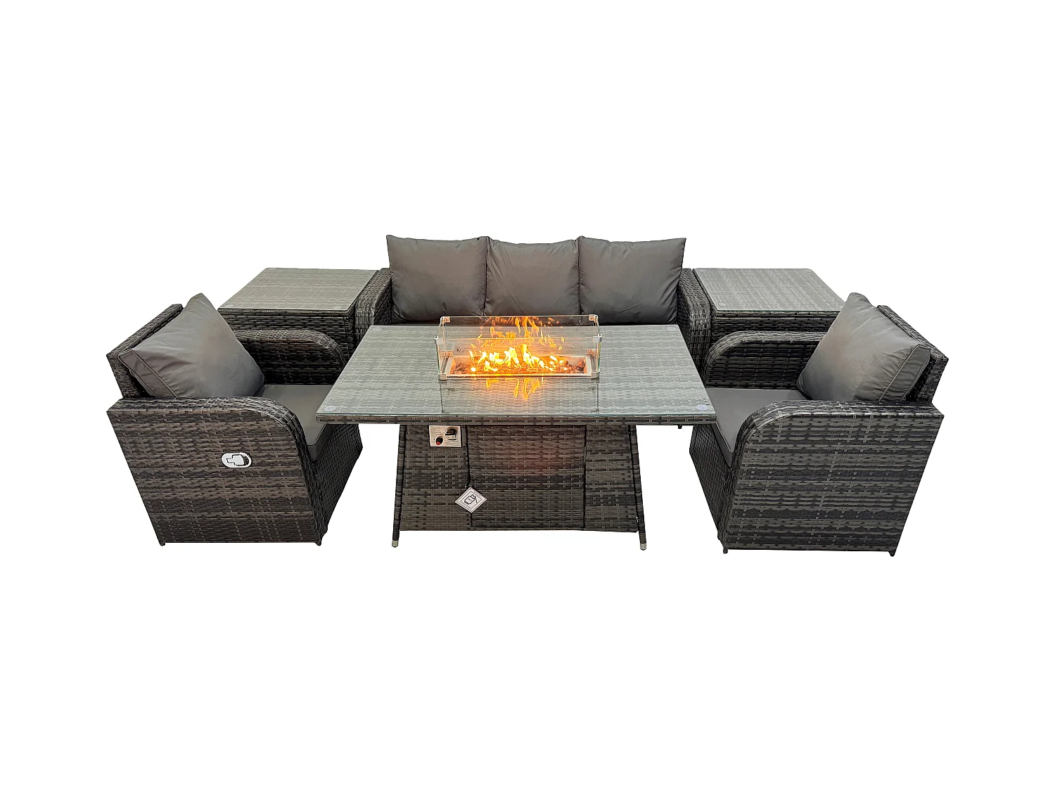 Polyrattan Gartenmöbelset Gasfeuerstelle Esstisch mit Sofa 2 Beistelltischen