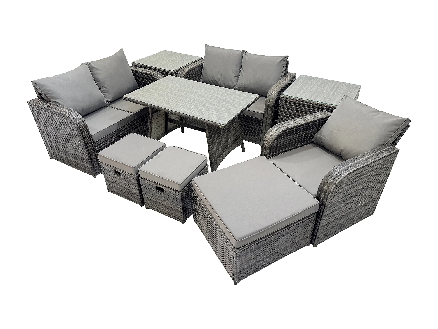 8-Sitzer Polyrattan Gartenmöbel Set mit Esstisch Sesseln Love Sofa 3 Hockern 2 Beistelltischen Dunkelgrau Gemischt