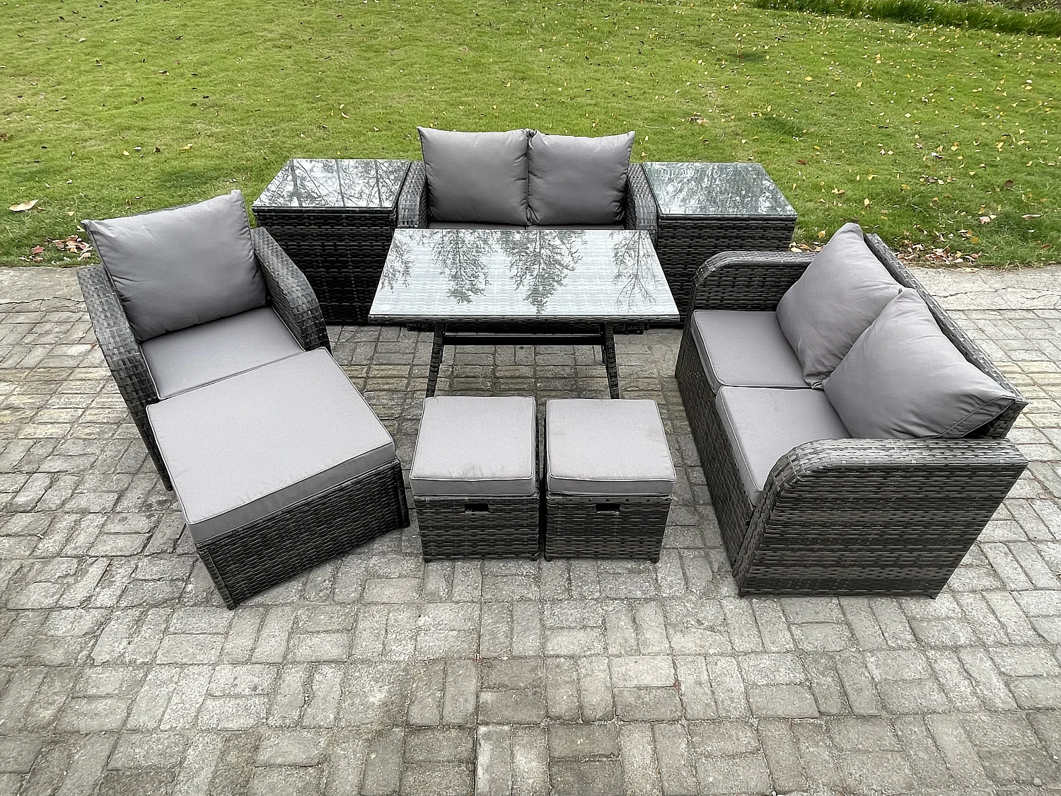 8-Sitzer Polyrattan Gartenmöbel Set mit Esstisch Sesseln Love Sofa 3 Hockern 2 Beistelltischen Dunkelgrau Gemischt