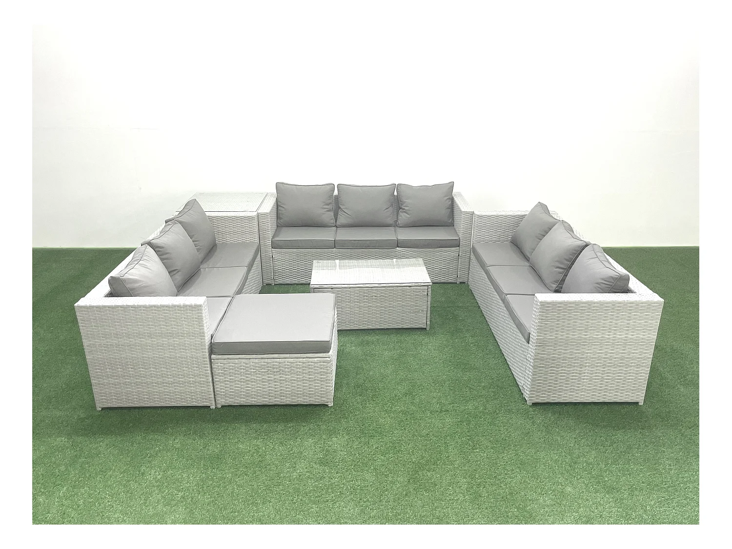 Ensemble de meubles de jardin en rotin 10 places avec Canapé de jardin Table basse Grand tabouret Table d'appoint Gris clair mixte