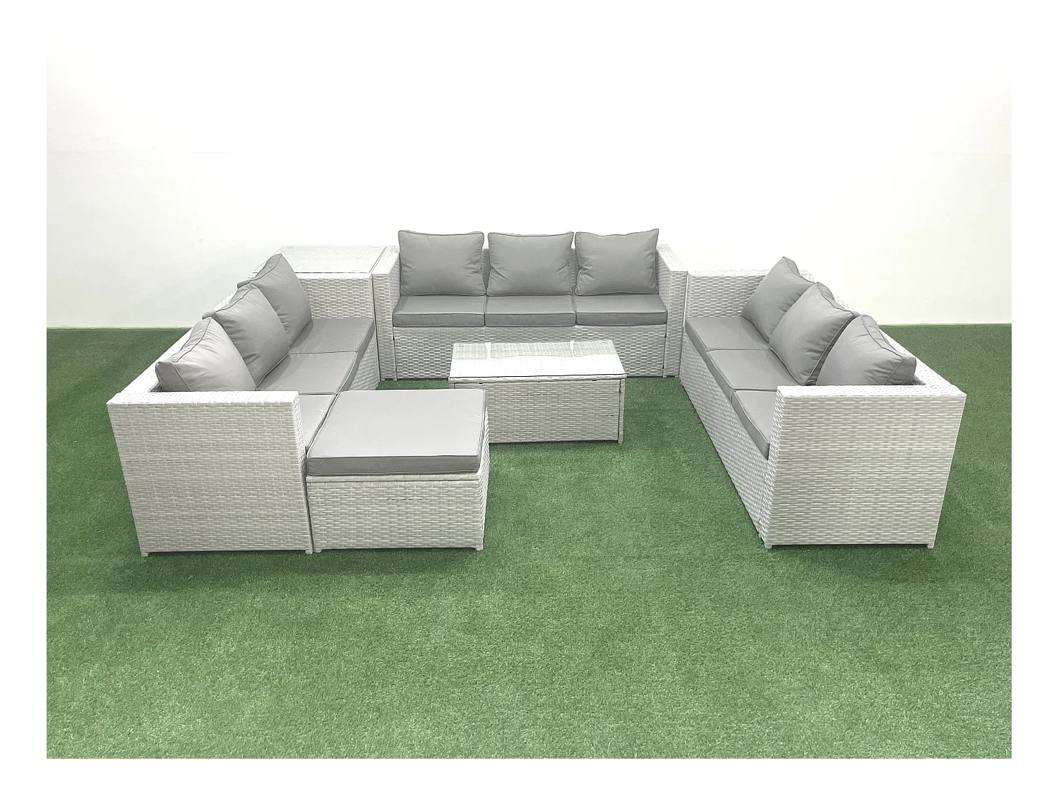 Ensemble de meubles de jardin en rotin 10 places avec Canapé de jardin Table basse Grand tabouret Table d'appoint Gris clair mixte