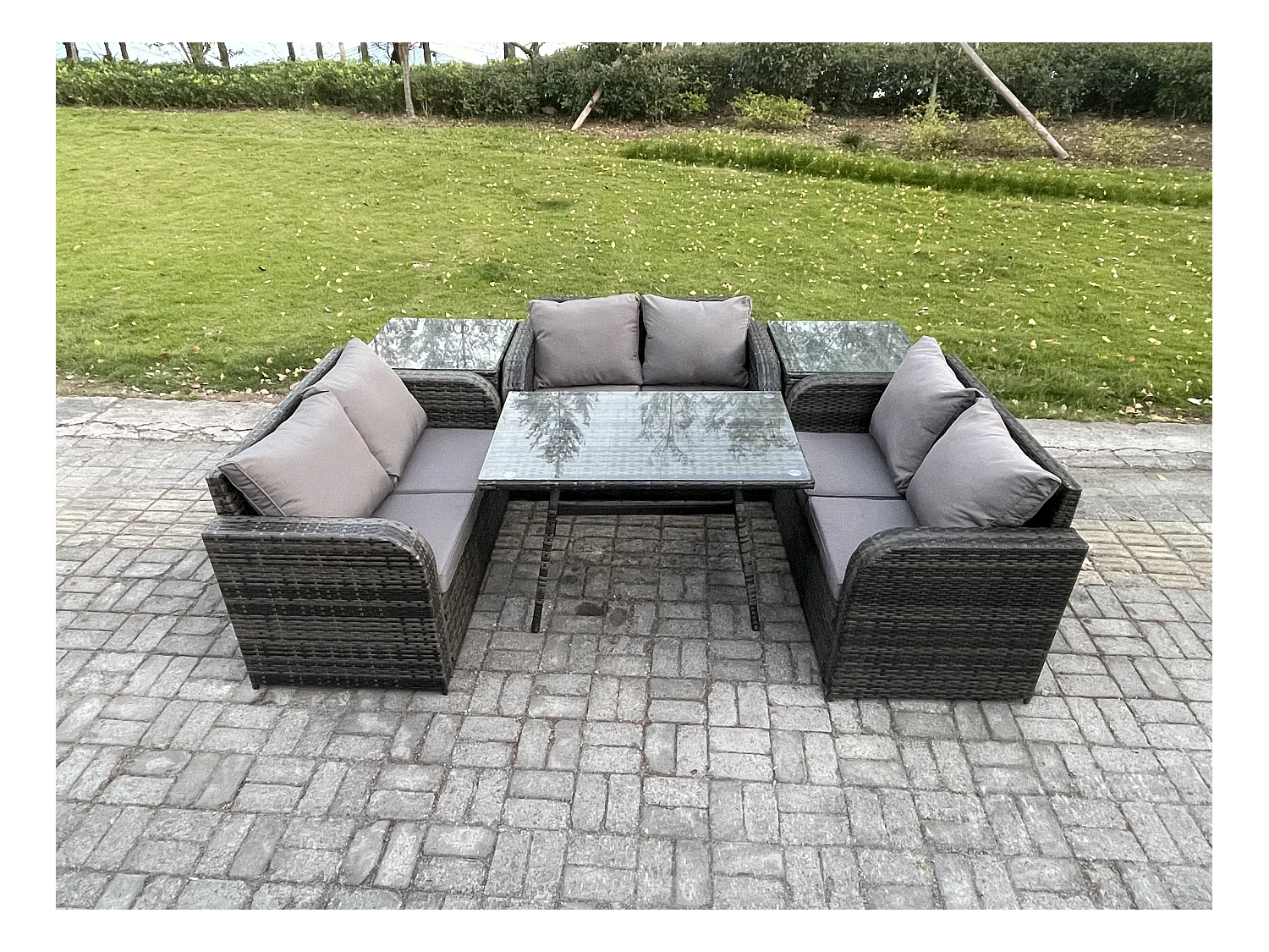 Salon de jardin 6 places avec Canapé d'amour Table à manger rectangulaire 2 Tables d'appoint Gris foncé mixte