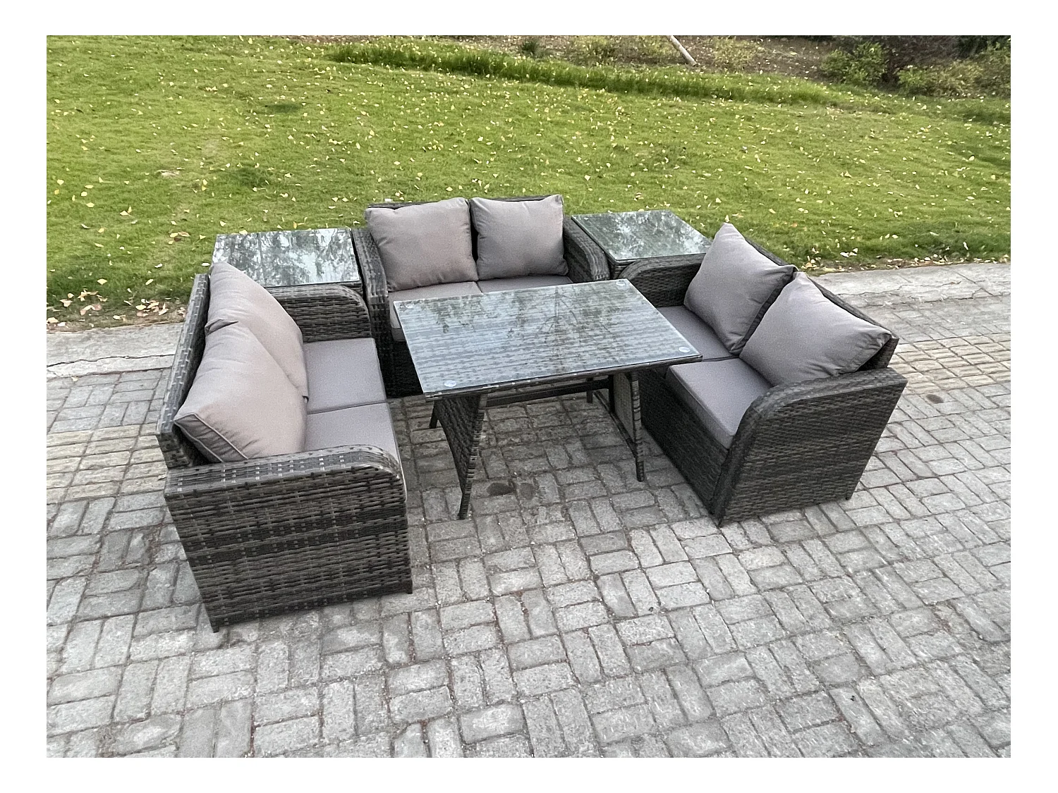 Salon de jardin 6 places avec Canapé d'amour Table à manger rectangulaire 2 Tables d'appoint Gris foncé mixte