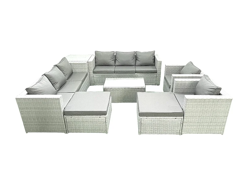 Rattan Sofa Gartenmöbel Set mit 2 Sesseln Rechteckiger Couchtisch 2 hohen Hockern Beistelltisch Hellgrau gemischt