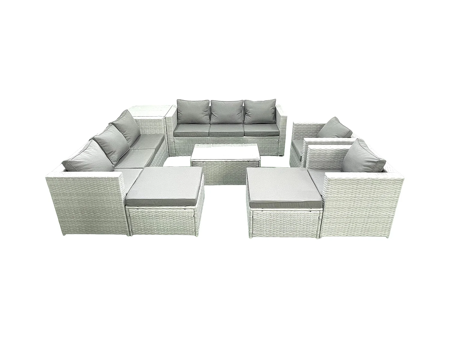 Salon de Jardin en rotin avec 2 Fauteuil Table basse oblongue 2 Grand tabourets Table d'appoint Gris clair mixte