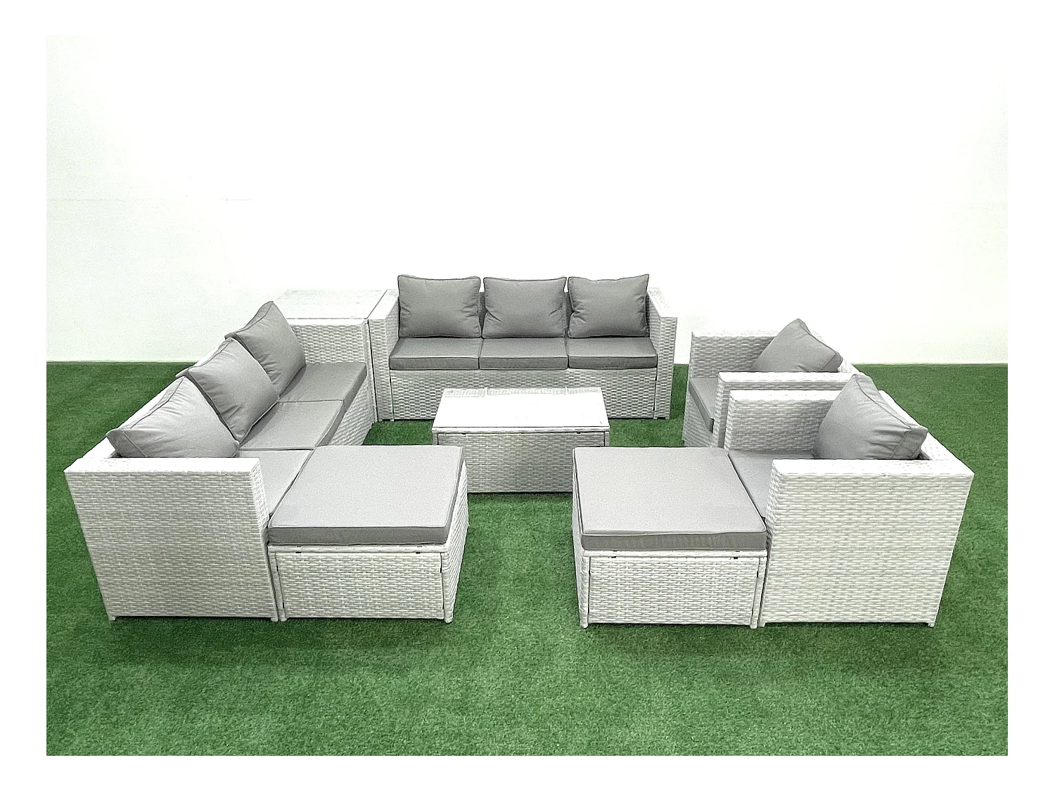 Salon de Jardin en rotin avec 2 Fauteuil Table basse oblongue 2 Grand tabourets Table d'appoint Gris clair mixte