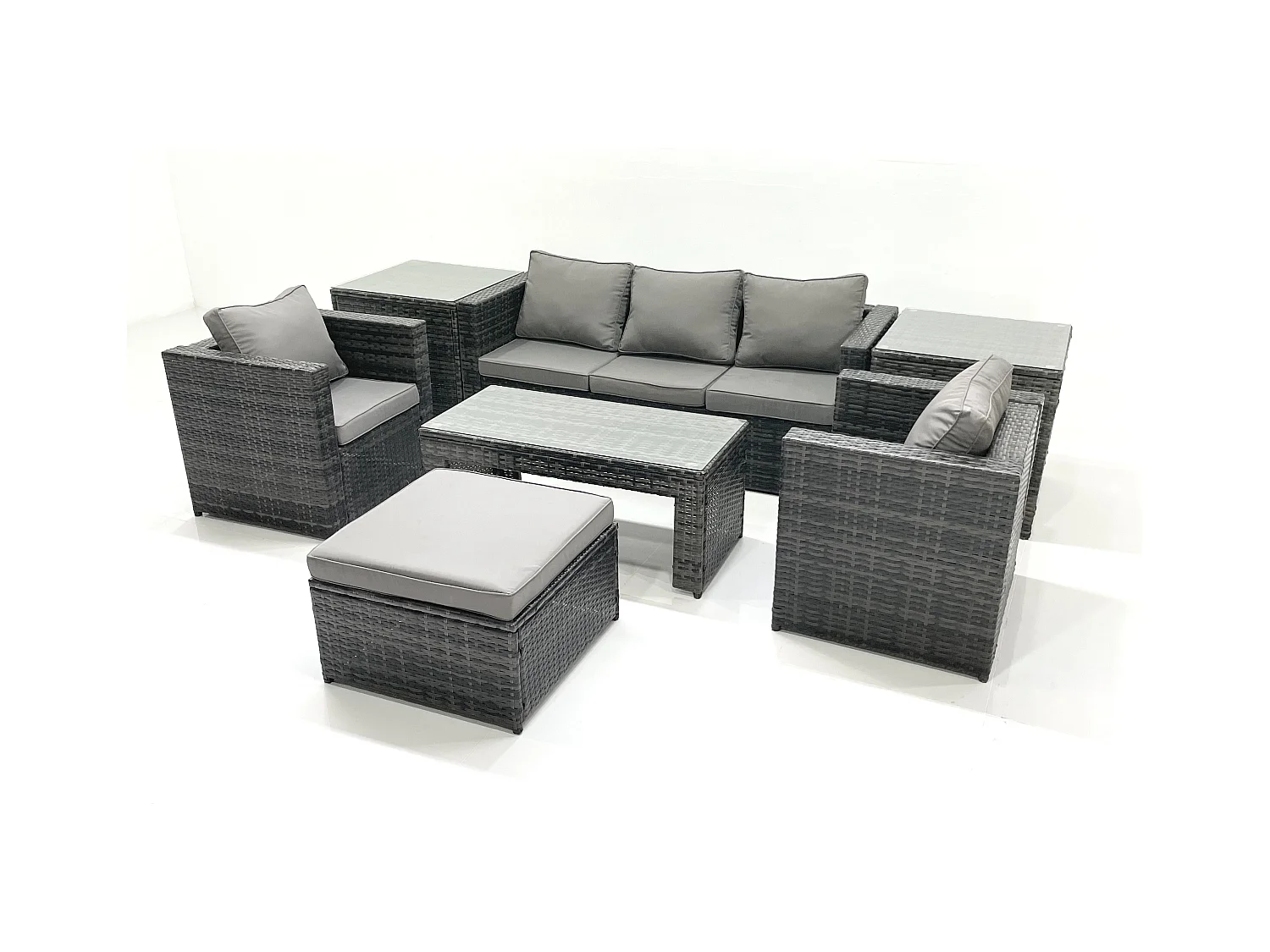 Salon de jardin Ensemble de canapés en rotin avec Table basse 2 Fauteuil Grand tabouret 2 Tables d'appoint Gris foncé mixte