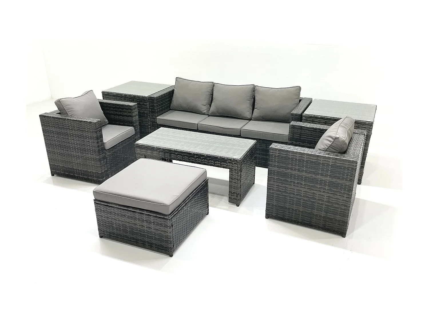 Fimous Rattan Garden Furniture Set Outdoor Lounger Sofa with Coffee Table 2 Armchair Big Footstool 2 Side Tables Dark Grey Mixed