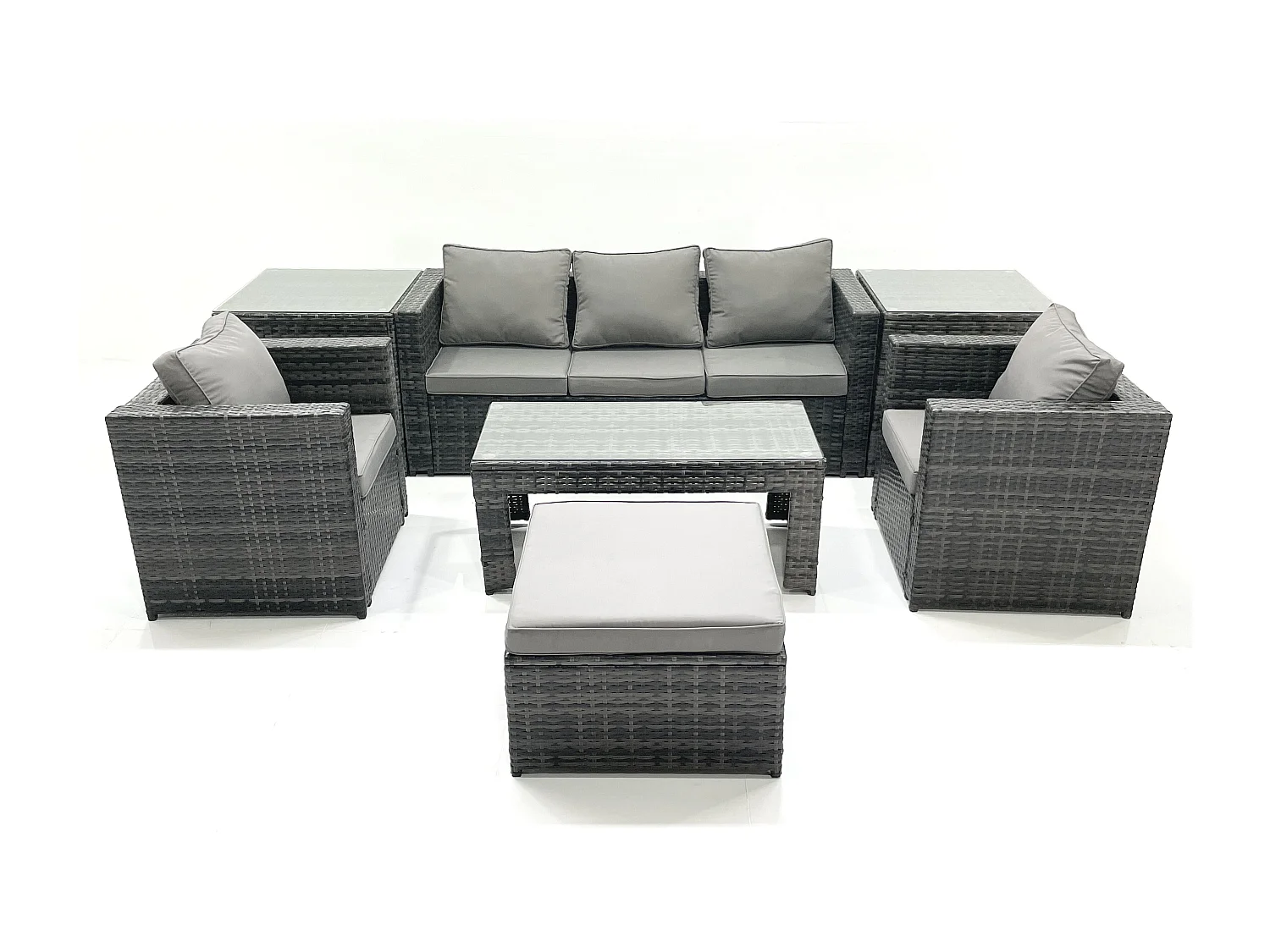 Fimous Rattan Garden Furniture Set Outdoor Lounger Sofa with Coffee Table 2 Armchair Big Footstool 2 Side Tables Dark Grey Mixed