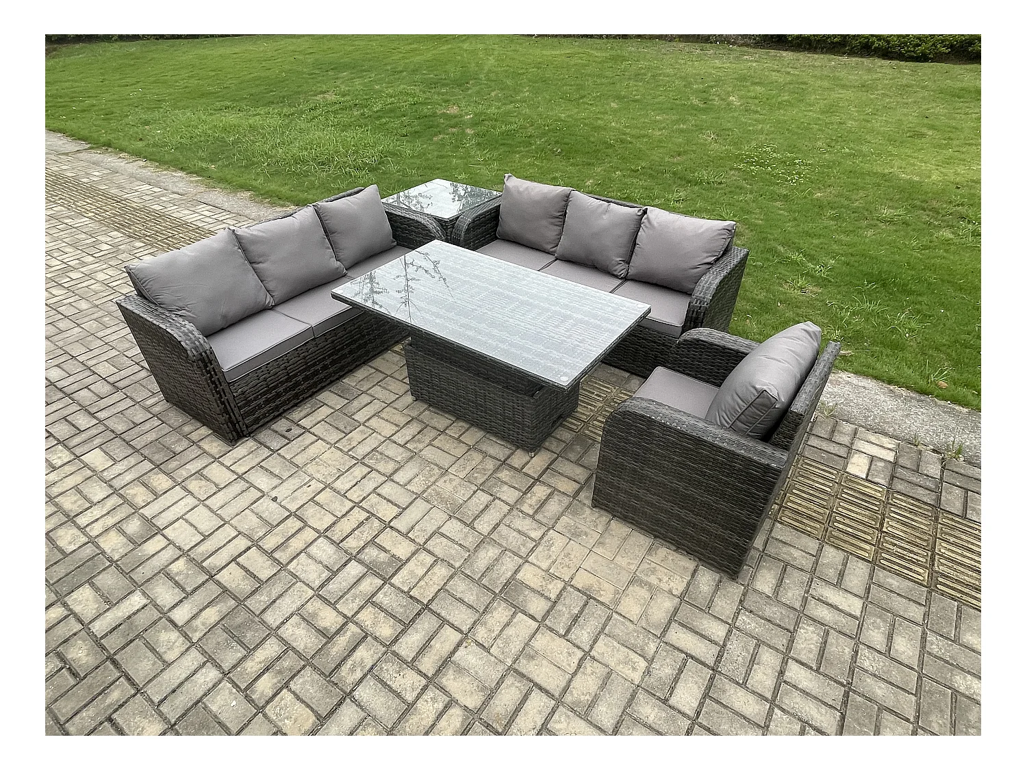 Outdoor Polyrattan Gartenmöbel Sets höhenverstellbarer Tisch Sofa Set mit Liegestühle Beistelltisch Dunkelgrau Gemischt