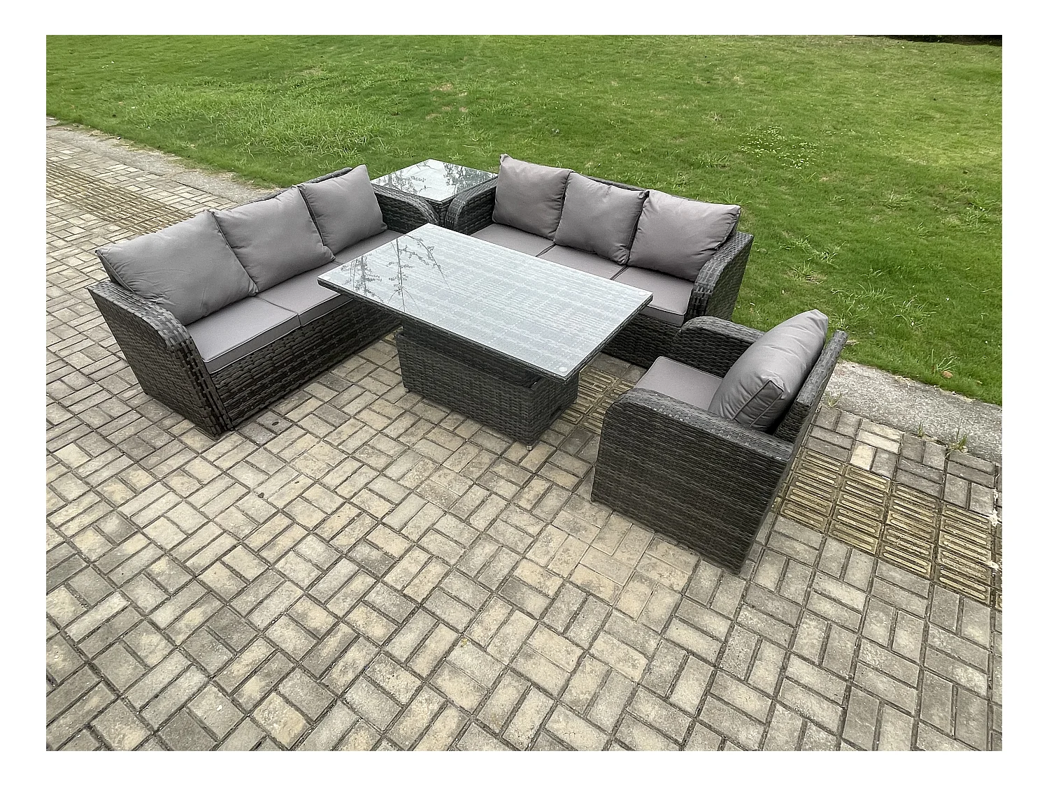 Outdoor Polyrattan Gartenmöbel Sets höhenverstellbarer Tisch Sofa Set mit Liegestühle Beistelltisch Dunkelgrau Gemischt
